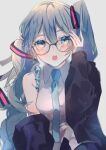  1girl :o armpit_crease bare_shoulders black-framed_eyewear black_jacket black_skirt blue_eyes blue_hair blue_nails blue_necktie blush breasts collared_shirt commentary_request cowboy_shot frilled_shirt frills glasses hair_ornament hair_ribbon hand_in_own_hair hand_up hatsune_miku highres jacket long_hair long_sleeves looking_at_viewer nail_polish necktie off_shoulder open_clothes open_jacket open_mouth ribbon shirt simple_background skirt sleeveless sleeveless_shirt sleeves_past_wrists small_breasts solo star_(symbol) teeth twintails un_known9999 vocaloid white_background white_shirt 