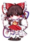  1girl :/ ahoge ascot blush bow brown_hair chibi closed_mouth commentary_request detached_sleeves frilled_bow frilled_hair_tubes frilled_shirt_collar frills full_body gohei hair_bow hair_tubes hakurei_reimu highres long_hair long_sleeves petticoat red_bow red_eyes red_skirt red_vest shadow simple_background skirt skirt_set sleeves_past_fingers sleeves_past_wrists solo standing tohou89 torii touhou v-shaped_eyebrows vest white_background wide_sleeves yellow_ascot 
