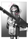  1girl absurdres backpack bag bandaged_neck bandages blue_archive border closed_mouth coat cross cross_crosslet drawstring earrings expressionless feet_out_of_frame fim-92_stinger frown gradient_background greyscale halo highres holding holding_rocket_launcher holding_weapon hood hood_down hooded_coat hoodie jewelry kuryuu_chiaki lanyard latin_text long_sleeves looking_at_viewer mask mask_pull misaki_(blue_archive) monochrome mouth_mask open_clothes open_coat outside_border pants pocket rocket_launcher short_hair sling solo spot_color stud_earrings torn_clothes torn_pants weapon white_border 
