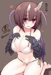  +_+ 1girl bikini blush bob_cut breasts broken_horn brown_background brown_hair collarbone commentary_request dated eriko_(princess_connect!) gauntlets hands_on_own_chest horns large_breasts looking_at_viewer navel princess_connect! purple_eyes serebi_ryousangata short_hair side-tie_bikini_bottom simple_background sitting solo swimsuit tail twitter_username white_background white_horns 