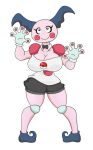  anthro big_breasts blue_eyes blue_hair bottomwear bow_(feature) breasts cheek_markings clothing facial_markings female footwear generation_1_pokemon hair head_markings markings mr._mime nintendo pink_body pokeball pokemon pokemon_(species) red_cheeks shirt shoes shorts simple_background solo topwear urusee584 white_background 