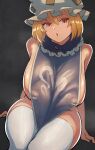  1girl bare_shoulders blonde_hair blue_tabard breasts brown_eyes covered_nipples curvy hair_between_eyes hat highres huge_breasts inverted_nipples looking_at_viewer mob_cap naked_tabard no_panties odessa open_mouth short_hair sitting solo steaming_body tabard thighhighs thighs touhou white_thighhighs yakumo_ran 