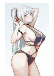  1girl absurdres arm_behind_head arm_strap arm_up armpits bare_shoulders bikini black_bikini black_choker black_survival breasts choker covered_nipples cowboy_shot eternal_return:_black_survival grey_eyes halterneck hand_up haze_(black_survival) highres large_breasts long_hair looking_at_viewer navel parted_lips ponytail rehu sideboob solo standing stomach string_bikini swimsuit thighs white_hair 