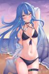  1girl absurdres arm_up beach bikini black_bikini blue_eyes blue_hair blue_nails blue_shawl blush breasts choker collarbone cowboy_shot floating_hair gradient_sky highres hololive hoshimachi_suisei long_hair navel ocean parted_lips shawl shinigami_kiraki sky small_breasts solo star_(symbol) star_in_eye stomach sunset swimsuit symbol_in_eye thigh_strap thighs virtual_youtuber wet 