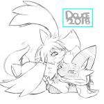  2018 absurd_res ashley_(shaymin) bow_ribbon duo female feral generation_4_pokemon generation_5_pokemon hi_res legendary_pokemon long_ears looking_at_another lying male monochrome neck_tuft nintendo paws playful pokemon pokemon_(species) ryugadaisukidesu scarf shaymin sky_forme_shaymin tongue tongue_out tuft zorua 