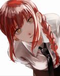  1girl arms_behind_back black_necktie braid braided_ponytail chainsaw_man collared_shirt dress_shirt formal hair_over_shoulder head_tilt highres kuuchen_(user_gfxa5337) leaning_forward long_hair looking_at_viewer makima_(chainsaw_man) necktie open_mouth red_hair ringed_eyes shirt sidelocks simple_background single_braid sketch smile solo staring upper_body white_background white_shirt wing_collar yellow_eyes 