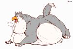  ambiguous_gender avian beak belly big_belly double_chin feral fur grey_body grey_fur gryphon hi_res looking_at_belly mythological_avian mythology overweight overweight_feral raised_tail solo tail thatgryphonguy tongue tongue_out white_body white_fur wingless_gryphon 