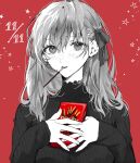  1girl black_sweater blush eating fate/stay_night fate_(series) food hair_between_eyes hair_ribbon hand_on_own_chest highres holding holding_food long_sleeves looking_at_viewer matou_sakura open_mouth pocky red_background ribbon shimatori_(sanyyyy) short_hair simple_background solo star_(symbol) sweater 