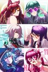  6+girls absurdres android animal_ears artist_name blue_hair cat_ears copyright_name dana_zane dorothy_haze green_hair highres jill_stingray kira_miki long_hair mechanical_arms multiple_girls pale_skin pink_hair purple_hair red_hair sei_asagiri short_hair single_mechanical_arm stella_hoshii sunglasses v va-11_hall-a white_hair zahwanauli 