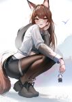  1girl :d animal_ear_fluff animal_ears arknights black_shorts brown_eyes brown_hair brown_pantyhose commentary fox_ears fox_tail franka_(arknights) grey_shirt holding jacket keychain krirk liskarm_(arknights) long_hair long_sleeves looking_at_viewer midriff open_clothes open_jacket open_mouth pantyhose shirt shoes short_shorts shorts smile solo squatting tail white_jacket 
