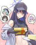  4girls 52_(foqxj0412) absurdres arius_squad_(blue_archive) armband atsuko&#039;s_grin_(meme) atsuko_(blue_archive) bare_shoulders baseball_cap birthday_cake black_gloves black_hair black_headwear black_pants black_shirt blue_archive blue_eyes blue_hair blush box breasts brown_hair cabbie_hat cake cake_slice card chest_harness closed_eyes closed_mouth coat commentary cowboy_shot crop_top crying eyes_visible_through_hair food gift gift_box gloves green_hair grin hair_ornament hair_over_one_eye hairclip halo harness hat highres hiyori_(blue_archive) holding holding_card holding_gift hood hood_up hooded_jacket jacket korean_commentary long_hair looking_at_viewer medium_breasts meme midriff misaki_(blue_archive) multicolored_hair multiple_girls navel no_mask off_shoulder open_mouth pants purple_hair red_eyes saori_(blue_archive) shirt short_hair side_ponytail sidelocks signature sleeveless sleeveless_shirt smile solo_focus spoken_character standing teeth two-tone_hair underbust white_coat 