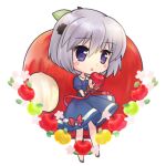  1girl :o adapted_costume apple arm_ribbon bitten_apple black_dress blush_stickers bow chibi commentary cross_hair_ornament dress dress_bow english_commentary eyelashes food food_bite fruit golden_apple grey_hair hair_ornament hands_up holding holding_food holding_fruit kagari_(rewrite) leaf long_ribbon looking_at_food may_salamanya medium_hair puffy_short_sleeves puffy_sleeves purple_eyes red_apple red_bow red_ribbon rewrite ribbon short_dress short_sleeves simple_background solo standing white_background wrist_bow 