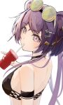  1girl absurdres animal_ears arknights bare_shoulders bikini black_bikini black_choker breasts choker commentary_request cup disposable_cup drinking_straw eyewear_on_head from_side hair_ornament hairclip hand_up highres holding holding_cup lin_(arknights) long_hair looking_at_viewer looking_to_the_side medium_breasts pink_eyes purple_hair renkon_logistics simple_background solo star_(symbol) star_hair_ornament sunglasses swept_bangs swimsuit tinted_eyewear upper_body white_background yellow-tinted_eyewear 