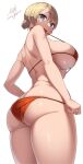  1girl :d artist_name ass ass_focus bikini blonde_hair blue_eyes braid breasts darjeeling_(girls_und_panzer) from_behind girls_und_panzer highres huge_breasts micro_bikini open_mouth orange_bikini samegami short_hair signature simple_background smile solo standing swimsuit twin_braids watermark white_background 