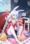  +_+ 1girl absurdres analog_clock animal_ears azur_lane bag_of_chips blue_eyes blue_sky braid breasts butterfly_hair_ornament candy cardigan chinese_commentary chips_(food) chocolate chocolate_bar choker clock cloud coffee_mug collarbone commentary_request computer cup cushion fake_animal_ears feet food food_in_mouth hair_ornament handheld_game_console highres holding holding_handheld_game_console indoors knees_apart_feet_together le_malin_(azur_lane) le_malin_(listless_lapin)_(azur_lane) leotard long_hair looking_at_viewer low_twin_braids manjuu_(azur_lane) monitor mug nintendo_switch no_shoes nontraditional_playboy_bunny npp_(artist) off_shoulder open_window pantyhose pink_cardigan playboy_bunny popsicle popsicle_in_mouth potato_chips rabbit_ears sitting sky small_breasts snack solo toes twin_braids very_long_hair wall_clock white_choker white_hair white_leotard white_pantyhose window 
