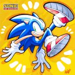  1boy animal_ears blue_fur full_body gloves green_eyes hedgehog highres male_focus notnicknot quill shoes smile sneakers solo sonic_(series) sonic_the_hedgehog tail white_gloves yellow_background 