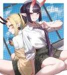  2girls blonde_hair bob_cut breasts chorogon contemporary eyeliner facial_mark fate/grand_order fate_(series) forehead forehead_mark grin hair_pulled_back highres horns ibaraki_douji_(fate) long_hair looking_at_viewer makeup multiple_girls oni oni_horns pointy_ears ponytail purple_eyes purple_hair short_hair short_ponytail shuten_douji_(fate) sitting skin-covered_horns small_breasts smile tattoo wariza yellow_eyes 