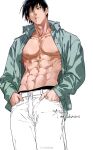  1boy abs bara bare_pectorals black_hair fushiguro_touji green_eyes hands_in_pockets highres jujutsu_kaisen large_pectorals male_focus muscular muscular_male navel nipples pants pectorals sashiyu scar scar_on_face scar_on_mouth short_hair simple_background solo twitter_username white_background white_pants 