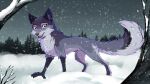  all_fours avian_feet blue_body canid canine claws feral fox hi_res mammal outside plant rukifox side_view snow snowing solo tree 