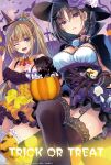  2girls bare_shoulders black_hair breasts brown_hair candy candy_cane collar copyright food gloves hair_between_eyes halloween halloween_costume hario_4 hat highres horikita_suzune karuizawa_kei large_breasts long_hair mini_hat mini_witch_hat multiple_girls open_mouth smile teeth thighhighs trick_or_treat witch witch_hat youkoso_jitsuryoku_shijou_shugi_no_kyoushitsu_e 