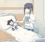  2girls bag bed black_hair blanket brown_eyes brown_hair closed_eyes closed_mouth commentary feeding fish focus_mitts hibike!_euphonium highres hospital_bed indoors kasaki_nozomi liz_to_aoi_tori looking_at_another lying lyy mini_person minigirl multiple_girls on_back open_mouth pants pillow ponytail sad sailor_collar shirt short_sleeves standing symbol-only_commentary white_shirt yoroizuka_mizore 