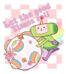  1boy animal antennae bag ball black_eyes blush bug butterfly checkered_background chelly_(chellyko) english_text flower green_shirt highres katamari katamari_damacy long_sleeves open_mouth pink_background rainbow rolling shirt smile the_prince_(katamari_damacy) two-tone_background white_background 