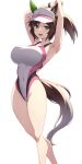  1girl alternate_costume animal_ears armpits arms_up black_wristband breasts brown_hair commentary covered_navel ear_covers feet_out_of_frame green_eyes highleg highleg_swimsuit highres horse_ears horse_girl horse_tail ines_fujin_(umamusume) large_breasts looking_at_viewer medium_hair one-piece_swimsuit open_mouth pataneet ponytail side_ponytail simple_background single_ear_cover smile solo standing swimsuit tail umamusume visor_cap white_background white_headwear white_one-piece_swimsuit 