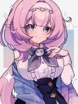  1girl black_skirt blue_eyes blush breasts center_frills closed_mouth commentary_request elysia_(honkai_impact) frills grey_background hairband hand_up high-waist_skirt highres honkai_(series) honkai_impact_3rd large_breasts long_hair long_sleeves pink_hair pino_(pino2452) shirt skirt smile solo sparkle very_long_hair white_hairband white_shirt 
