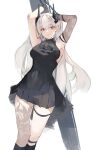  1girl absurdres against_pillar arknights armpits black_dress blank_eyes breasts chain chained chained_sarkaz_girl cmdr_saturn cuffs demon_girl demon_horns dress eyes_visible_through_hair gloves grey_hair hair_between_eyes highres horns long_hair looking_at_viewer medium_breasts pointy_ears red_eyes single_leg_pantyhose single_sleeve solo thigh_strap tied_to_stake twintails very_long_hair 