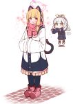  2girls :d absurdres animal_ear_headphones animal_ears black_coat black_pantyhose blonde_hair blue_archive blush brown_mittens chibi coat commentary_request earmuffs facing_viewer fake_animal_ears floating floral_background frilled_coat frills halo hands_in_opposite_sleeves hare_(blue_archive) headphones highres long_hair mittens momoi_(blue_archive) moyoron multiple_girls pantyhose pink_eyes pink_footwear pink_scarf scarf shoes sidelocks simple_background smile solo_focus tail v-shaped_eyebrows white_background white_coat wide_sleeves 