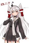  1girl amatsukaze_(kancolle) amatsukaze_kai_ni_(kancolle) black_dress blush brown_eyes commentary_request cowboy_shot dress gloves grey_hair hair_tubes highres kantai_collection long_hair long_sleeves looking_at_viewer open_mouth sailor_collar simple_background single_glove solo takanashi_kei_(hitsujikan) two_side_up white_background white_gloves white_sailor_collar 