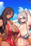  2girls areola_slip beach bikini breasts brown_hair choker cloud commentary dark_skin dated english_commentary green_eyes large_breasts long_hair looking_at_viewer multiple_girls nachtness one-piece_swimsuit original parted_lips red_eyes signature sky sunglasses swimsuit 