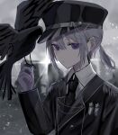  1boy animal_on_hand bird bird_on_hand black_headwear black_jacket black_necktie closed_mouth collared_shirt crow expressionless hat highres jacket looking_at_viewer low_ponytail male_focus medium_hair military_uniform necktie on_head original peaked_cap shirt sigurey uniform white_hair white_shirt 