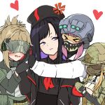  4girls anger_vein asymmetrical_bangs beret black_hair black_headwear black_jacket black_serafuku blush closed_mouth colored_inner_hair eunhwa_(nikke) forehead frown goddess_of_victory:_nikke hat heart helmet highres hood hood_down hooded_jacket hug jacket long_hair multicolored_hair multiple_girls neckerchief open_mouth product_23_(nikke) purple_eyes purple_hair pushing_away red_neckerchief school_uniform serafuku soldier_eg_(nikke) soldier_fa_(nikke) urau visor_(armor) 