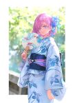  1girl alternate_costume blue_flower blue_kimono closed_mouth commentary_request fate/grand_order fate_(series) floral_print flower hair_flower hair_ornament hair_over_one_eye hand_fan harupy highres holding holding_fan japanese_clothes kimono light_purple_hair lips looking_at_viewer mash_kyrielight obi pink_lips print_kimono purple_eyes sash smile solo swept_bangs wide_sleeves yukata 