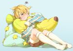  1boy absurdres banana banana_pillow blonde_hair blue_eyes blue_sweater blush brown_pants closed_mouth food fruit highres hmniao kagamine_len light_blue_background long_sleeves male_focus multicolored_sleeves pants pillow sick socks solo sweater unhappy vocaloid white_socks white_sweater 