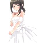  1girl bare_shoulders black_hair cowboy_shot dress flat_chest fubuki_(kancolle) green_eyes highres hirune_(konekonelkk) kantai_collection low_ponytail medium_hair official_alternate_costume ponytail short_ponytail sidelocks simple_background solo white_background white_dress 