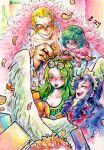  1boy 3girls :o baby_5 black_hair blonde_hair blush bouquet box closed_eyes coat donquixote_doflamingo eyewear_on_head falling_petals feather_coat flower gift gift_box green_eyes green_hair hand_wings head_wreath long_hair mawari28 monet_(one_piece) monocle multiple_girls one_piece open_mouth orange-tinted_eyewear petals pink_coat short_hair siblings sisters smile sugar_(one_piece) sunglasses tinted_eyewear traditional_media white-framed_eyewear wings yellow_eyes 