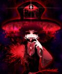  black_coat black_eyes black_hair black_mask blood blood_on_clothes coat collared_shirt curly_hair dark_background english_commentary enraku_tsubakura eye_on_hat fangs fingernails gem glowing glowing_eye halloween hand_to_own_mouth hat hat_ribbon highres large_hat len&#039;en lenk64 long_tongue mask mask_pull missing_limb mouth_mask necktie no_pupils red_eyes red_gemstone red_necktie red_ribbon ribbon sharp_fingernails shirt short_hair signature tongue top_hat torn_clothes torn_sleeves v-shaped_eyebrows vertical-striped_coat white_shirt white_sleeves wide_sleeves 