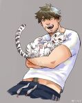  1boy animal baby_tiger bara blush cropped_legs du_dou_(weibo_2308297784) goatee_stubble hair_between_eyes highres holding holding_animal long_sideburns looking_at_viewer male_focus midriff_peek mustache_stubble navel_hair original pants scar scar_on_cheek scar_on_face short_hair sideburns solo stomach tiger track_pants white_tiger yellow_eyes 