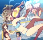  afro_puffs ball beach beach_volleyball bikini black_hair blue_eyes blue_hair brown_eyes brown_hair chuatury_panlunch fang felsi_rollo gundam gundam_suisei_no_majo highres multicolored_hair nika_nanaura outdoors petra_itta pink_hair ponytail spiking swimsuit syope tears two-tone_hair volleyball volleyball_(object) volleyball_net 