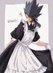  1boy alternate_costume alternate_hairstyle animal_head apron arm_at_side beak bird_boy black_dress black_hair boku_no_hero_academia border collared_dress commentary_request crossdressing dress enmaided frilled_apron frills gloves grey_border heart looking_at_viewer maid maid_apron male_focus nbmtyr one_eye_closed outside_border ponytail puffy_short_sleeves puffy_sleeves red_eyes short_sleeves simple_background skirt_hold solo standing tokoyami_fumikage twitter_username white_apron white_background white_gloves 