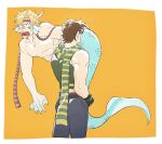  2boys battle_tendency belt black_gloves black_pants blonde_hair blue_scales blue_skin brown_belt brown_hair caesar_anthonio_zeppeli carrying_over_shoulder colored_skin completely_nude constricted_pupils facing_away feather_hair_ornament feathers fins full_body gloves green_eyes green_scarf green_tank_top hair_ornament head_fins headband highres jojo_no_kimyou_na_bouken joseph_joestar light_blush looking_at_another merman midriff monster_boy monsterification multicolored_skin multiple_boys nude open_mouth pants ranmaaaan scales scarf short_hair simple_background standing striped striped_scarf surprised sweat tank_top toned toned_male webbed_hands yellow_background yellow_scarf 