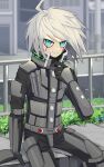  1boy ahoge black_bodysuit blue_eyes blurry blurry_background bodysuit building danganronpa_(series) danganronpa_v3:_killing_harmony day grass highres hiyashi_men k1-b0 long_sleeves male_focus medium_hair outdoors power_armor sitting smile solo 