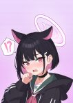  !? 1girl absurdres animal_ears black_choker black_hair black_hoodie blue_archive blush cat_ears choker colored_inner_hair commentary_request embarrassed green_sailor_collar hair_ornament hairclip halo hand_up highres hood hood_down hoodie kazusa_(blue_archive) long_sleeves looking_at_viewer multicolored_hair neckerchief open_mouth pink_eyes pink_hair pink_halo pink_neckerchief purple_background sailor_collar shiroharo short_hair simple_background solo upper_body 