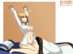  1girl antenna_hair arcueid_brunestud arms_up blanket blonde_hair blush breasts long_sleeves medium_breasts melty_blood melty_blood:_type_lumina naked_shirt navel one_eye_closed open_clothes open_shirt pillow pixel_art red_eyes shirt short_hair shotaalter solo stretching thick_thighs thighs tsukihime waking_up 