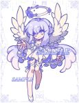  1girl angel_wings dress flower-shaped_pupils full_body halo highres leg_ribbon long_hair original outstretched_arm outstretched_hand purple_eyes purple_hair ribbon sample_watermark smile solo symbol-shaped_pupils thigh_ribbon very_long_hair white_background white_dress white_footwear white_ribbon white_wings wings xianyudian_laoban 