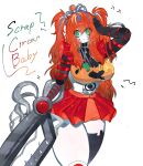  baby_(fnaf) breasts colored_skin five_nights_at_freddy&#039;s green_eyes highres large_breasts messy_hair midriff miniskirt multicolored_hair orange_hair personification red_skirt robot skirt streaked_hair thick_thighs thighs togetoge twintails weapon white_skin 