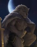  anthro balls blaidd_(elden_ring) canid canine canis cape clothing elden_ring erection fangs fromsoftware fur genitals hi_res looking_down male mammal masturbation melee_weapon moon muscular muscular_anthro muscular_male nipples outside penis rov solo sword teeth weapon wolf 