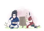  1boy 1girl black_hair black_shorts chopsticks commentary_request dress eating ebata_kyouhei forehead_protector frown grass green_eyes grey_footwear hairband haruno_sakura headband highres holding holding_bento holding_chopsticks indian_style konohagakure_symbol naruto naruto_(series) open_mouth pink_hair red_dress shorts sitting smile toeless_footwear tree_stump uchiha_sasuke wariza 